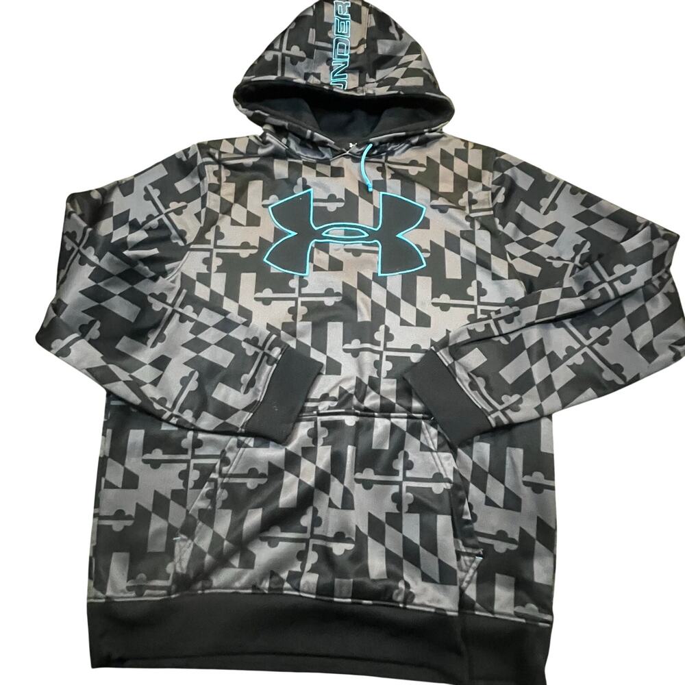 Under Armour Geometric Pattern Hoodie Gray Black Logo Loose Fit Mens L